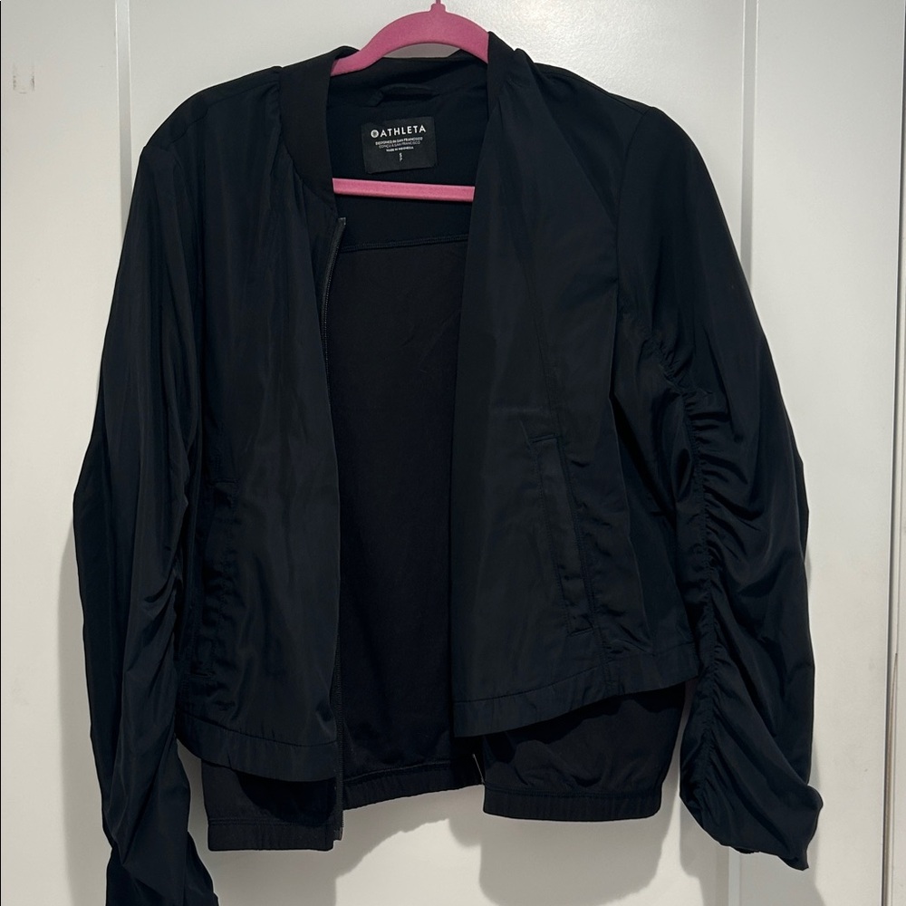 Athleta Black Ruched-Sleeve Lightweight Bomber Jacket